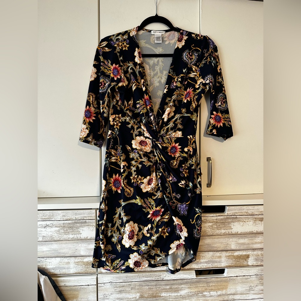 🌺 Miley + Molly Floral Faux Wrap Dress Navy Boho Stretch Large